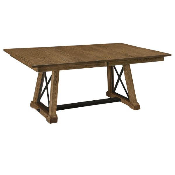 A rectangular trestle extension table with a mission edge design and a metal base in a gray color, likely to be used with a dining set.