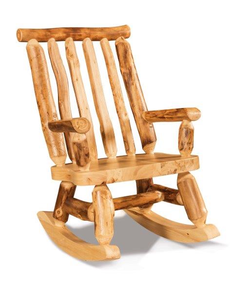 A set of three rustic log rocking chairs with a clear coat stain finish, displayed in decreasing size, typical of a family-sized seating arrangement.