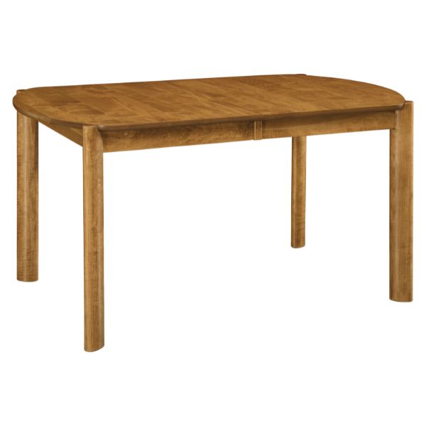 A rectangular, brown maple wood dining table with a smooth finish and parson-shaped top, displayed without any extensions.