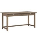 A brown wooden desk with three drawers and a flat surface top, made with a visible wood grain and finished back.