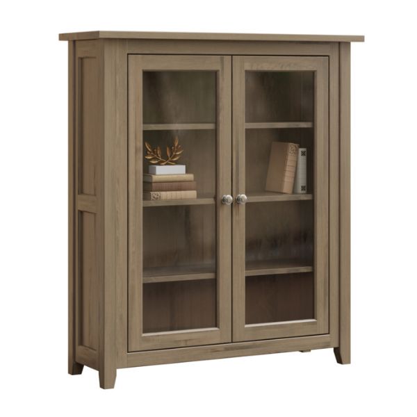 A brown Premier bookcase with glass doors and adjustable shelves, made of solid hardwood, displayed against a white background.