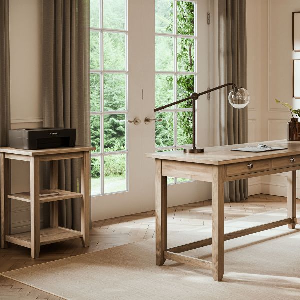 light wooden desk and side table