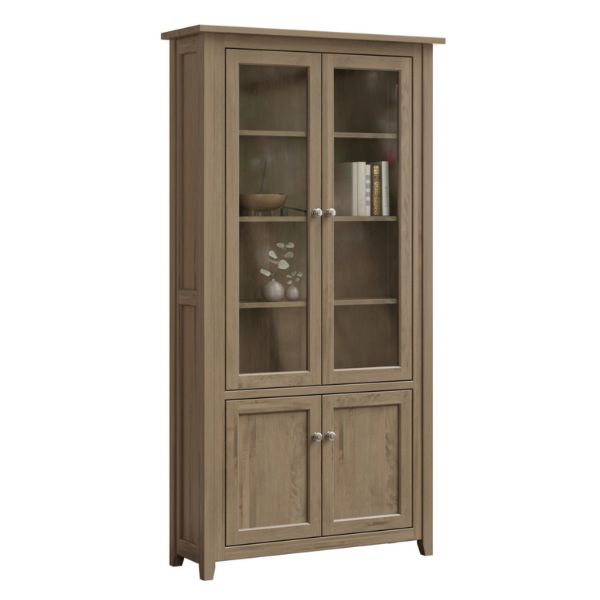 A brown Premier bookcase with glass doors on the top and wooden doors on the bottom, featuring adjustable shelves inside.