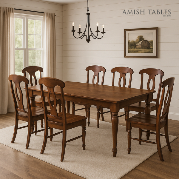 Wooden dining table with chairs in a room with a chandelier and framed picture on the wall.