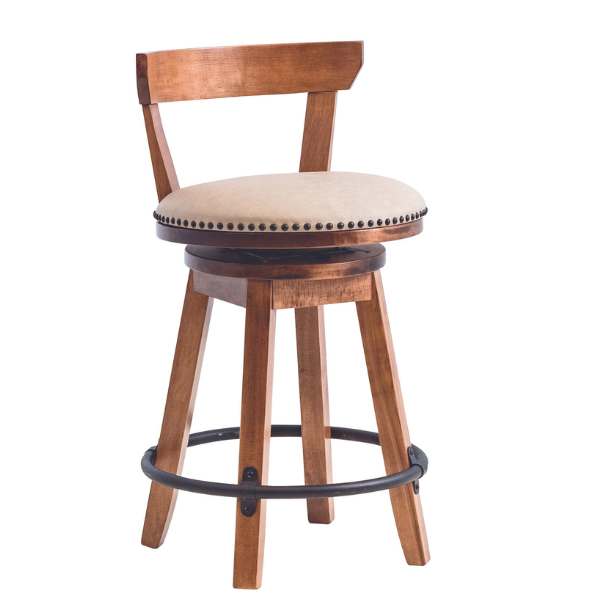 A traditional bar stool with a beige upholstered seat and wooden legs, featuring a swivel base and a backrest.