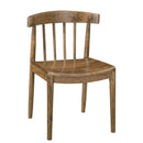 A side view of a Quincy dining chair with a brown wooden seat and a slatted backrest, finished in an almond stain.