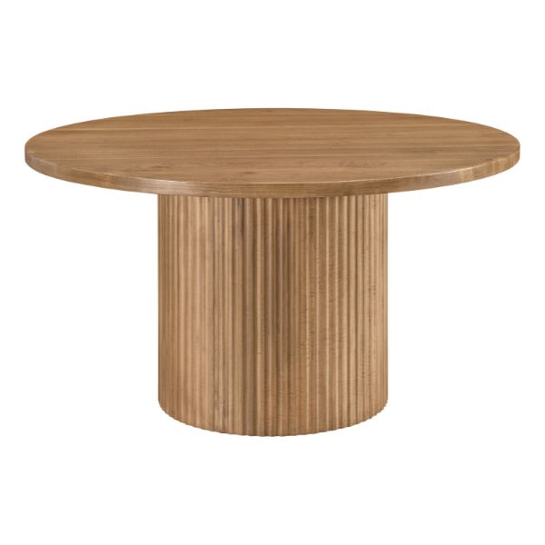 Round wooden table with a ribbed cylindrical base on a white background