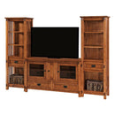 A brown media wall unit with glass doors and wooden drawers, featuring a flat-screen TV on top and multiple shelves with a small wooden step stool.