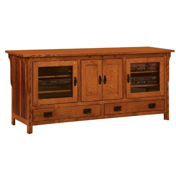 A brown wooden media stand with glass doors and multiple wood shelves inside.