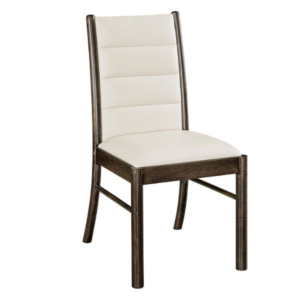 A dining chair with a beige upholstered padded seat and a brown wooden frame.