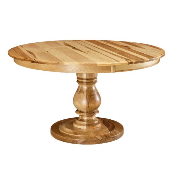 Round wooden pedestal dining table with a single pedestal base, shown in a natural wood finish.