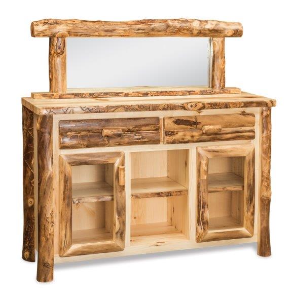 Rustic style sideboard made of solid wood with a clear top coat, featuring glass doors and multiple drawers.