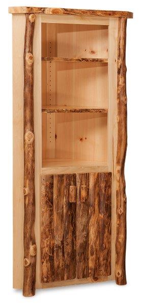 Rustic small corner cabinet made of solid wood with a clear top coat stain finish, featuring natural wood patterns and knots.