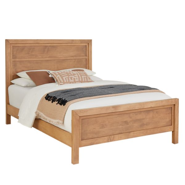 A brown maple wood bed frame with a headboard and footboard, shown with bedding and pillows on it.