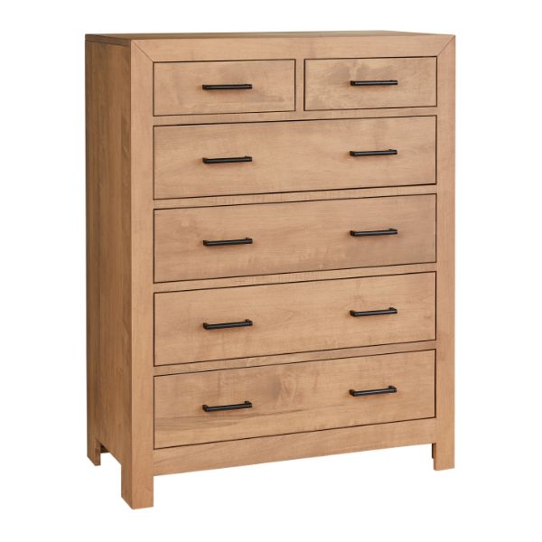 A brown wooden chest with six drawers, the top two are smaller than the ones below, which have black metal handles.