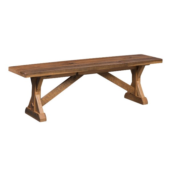 A solid trestle bench made of reclaimed hardwood with a brown finish, displayed against a white background.