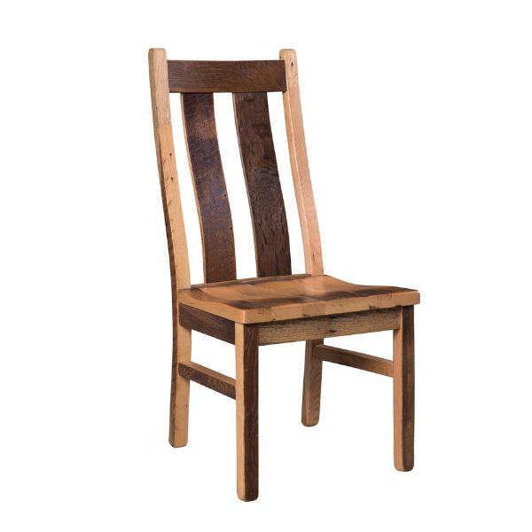 A wooden dining chair with a vertical back design and a flat wood seat, displayed against a plain background.