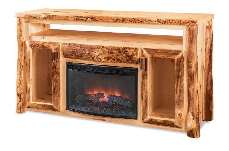 A rustic brown wooden TV cabinet with a fireplace insert featuring a 3D flame effect.