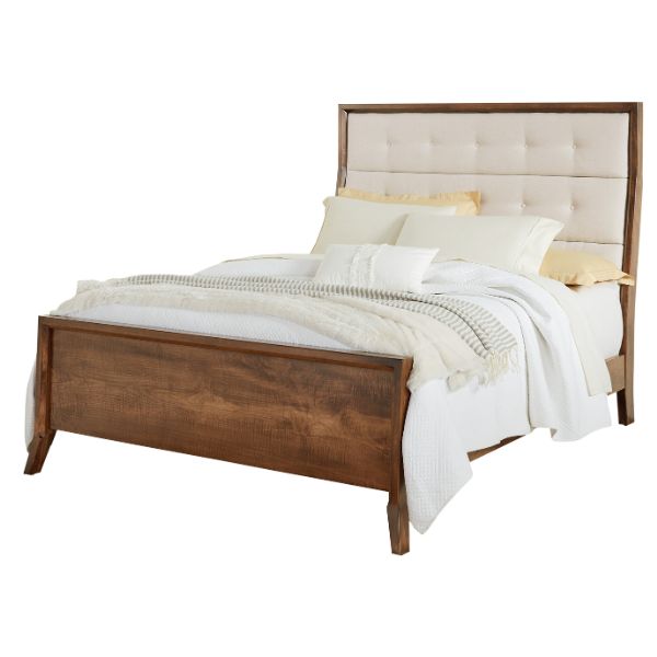 A king-sized upholstered bed with a brown wooden frame and beige upholstered headboard, made with white bedding.
