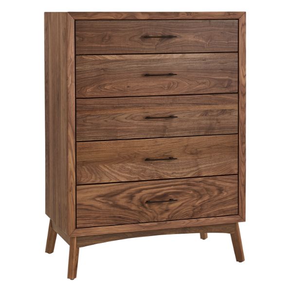 A brown wooden chest with six drawers, the last two of which are smaller and serve as a knobs for the drawer handles. It is displayed against a white background.