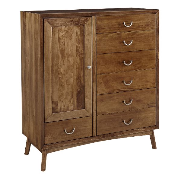 A brown wooden Tucson Door Chest with one door and seven drawers, featuring metal ring handles and set on angled legs.