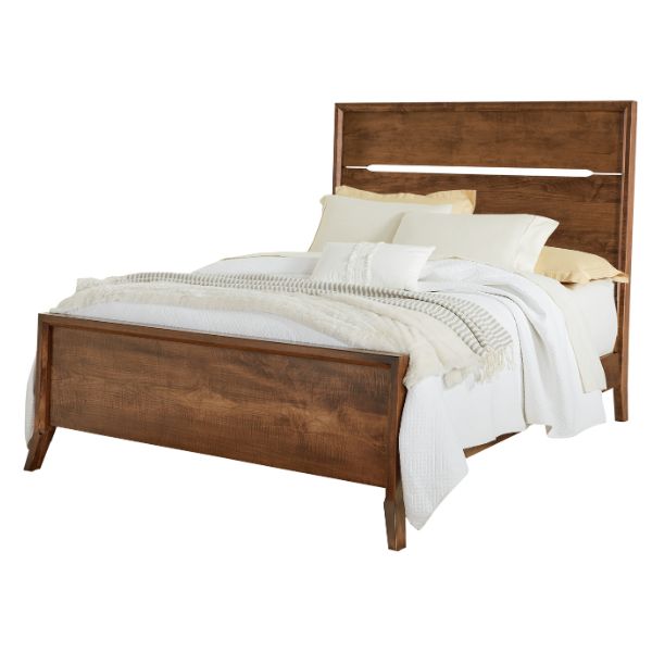 A king-sized Tucson bed made of brown maple wood with an almond stain finish, featuring a headboard, footboard, and side rails with a white bedding set.