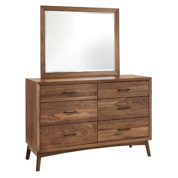 A brown wooden dresser with six drawers and a mirror on top, the dresser is placed against a white background.