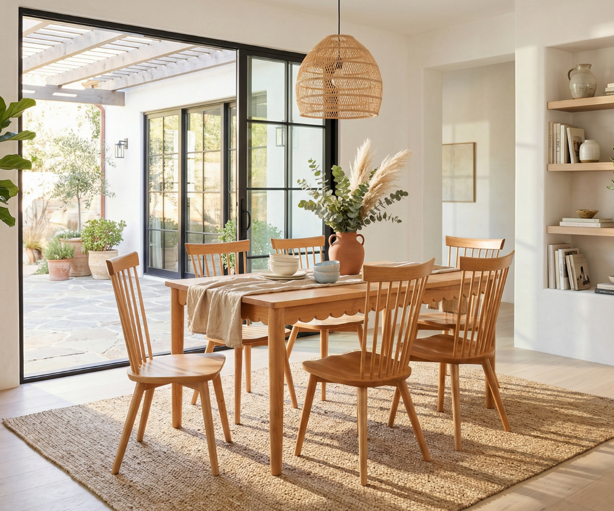 Dining area with wooden table and chairs in a bright room with large windows.
