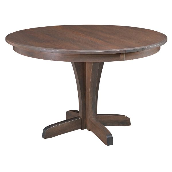 A round, single pedestal extension dining table made of hardwood, shown in a brown stain finish.
