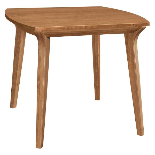 A square-shaped pub table with a thick solid top in a cherry wood finish and four matching legs.