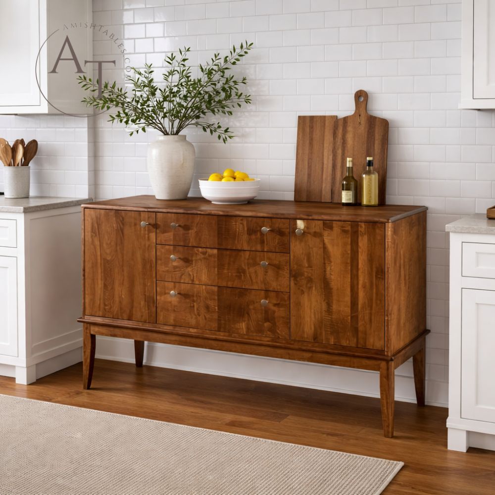 Wooden sideboard in a kitchen setting with a vase, bowl of fruit, and cutting board.