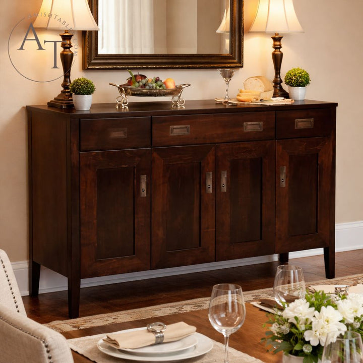 Wooden sideboard with decorative items in a room setting