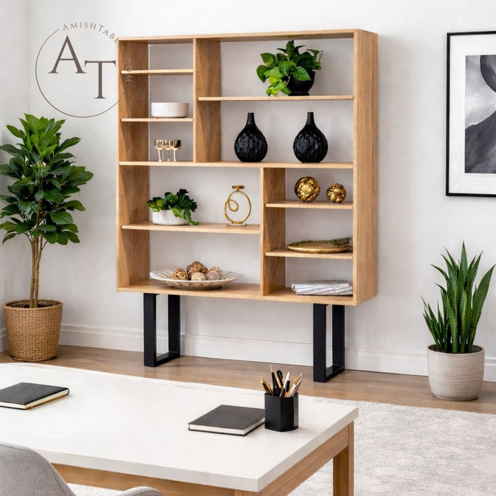Wooden bookshelf with decorative items in a living room setting