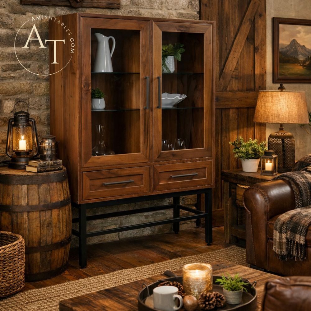 Wooden china cabinet in a rustic living room setting with lanterns and candles.