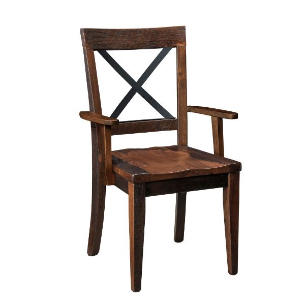 A rustic style dining chair with a wood seat and a metal X-back, shown in a rough sawn barnwood finish.