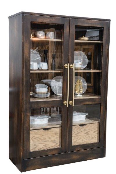 A brown maple wood hutch with glass doors, featuring European hinges, adjustable shelves, and pullout drawers.