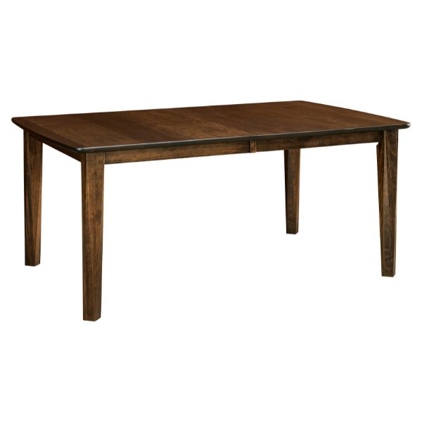 A rectangular, extendable dining table with a dark wood finish and skirt, shown without any leaves extended.
