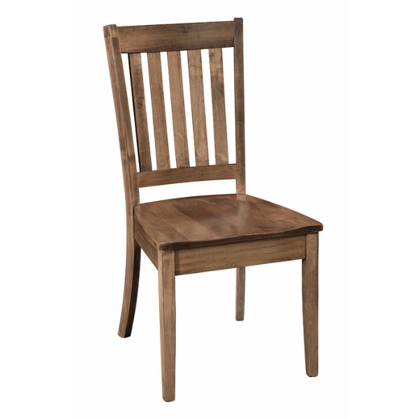 A traditional style dining chair made of solid hardwoods with a brown seat and slatted backrest.