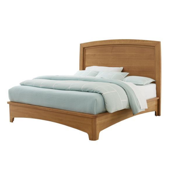 A contemporary style bed with a wooden headboard and footboard, upholstered in beige fabric.