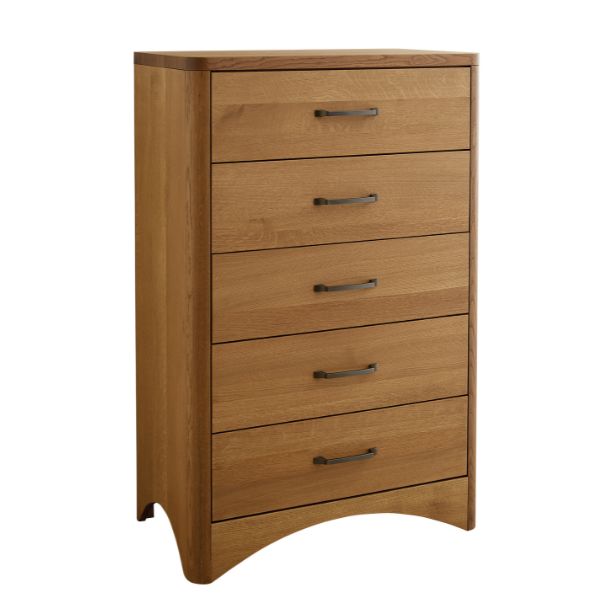 A wooden chest with five drawers, featuring a brown finish and metal handles.