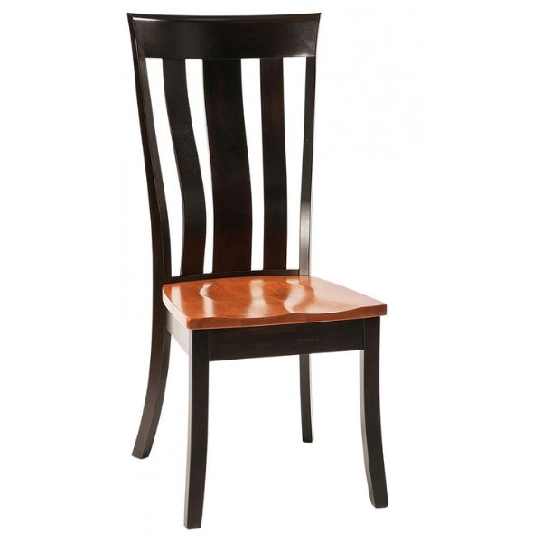 A brown maple wood dining chair with a gently curved back leg and gently flared legs, showing a wood seat and an onyx stain frame.