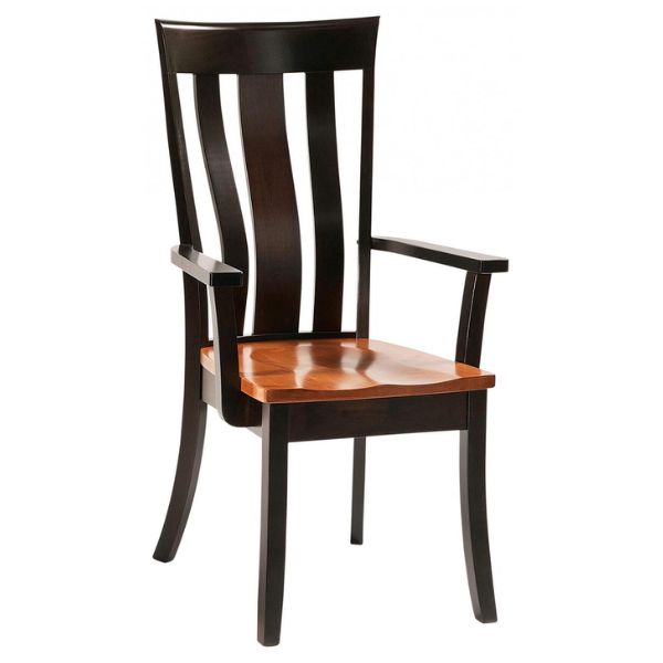 A brown maple wood dining chair with arms and a gently curved back leg and gently flared legs, showing a wood seat and an onyx stain frame.