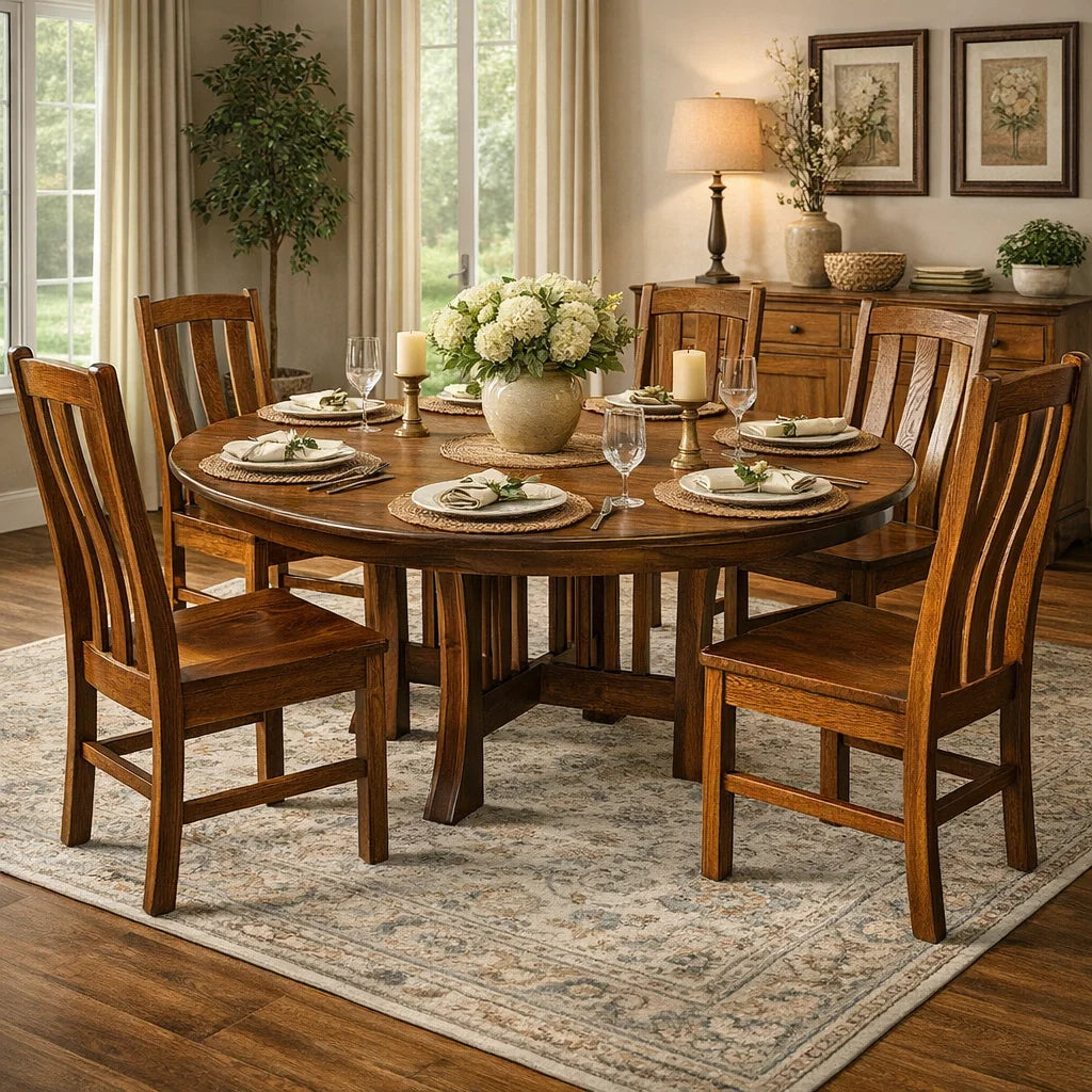 Dining room with wooden table and chairs set for a meal, decorated with flowers and candles.