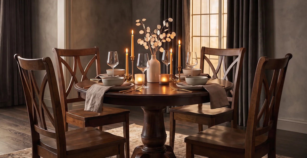 Chancellor single pedestal dining table in rich dark wood paired with Callahan dining chairs, styled with glowing candles, elegant place settings, and floral accents in a moody dining room.