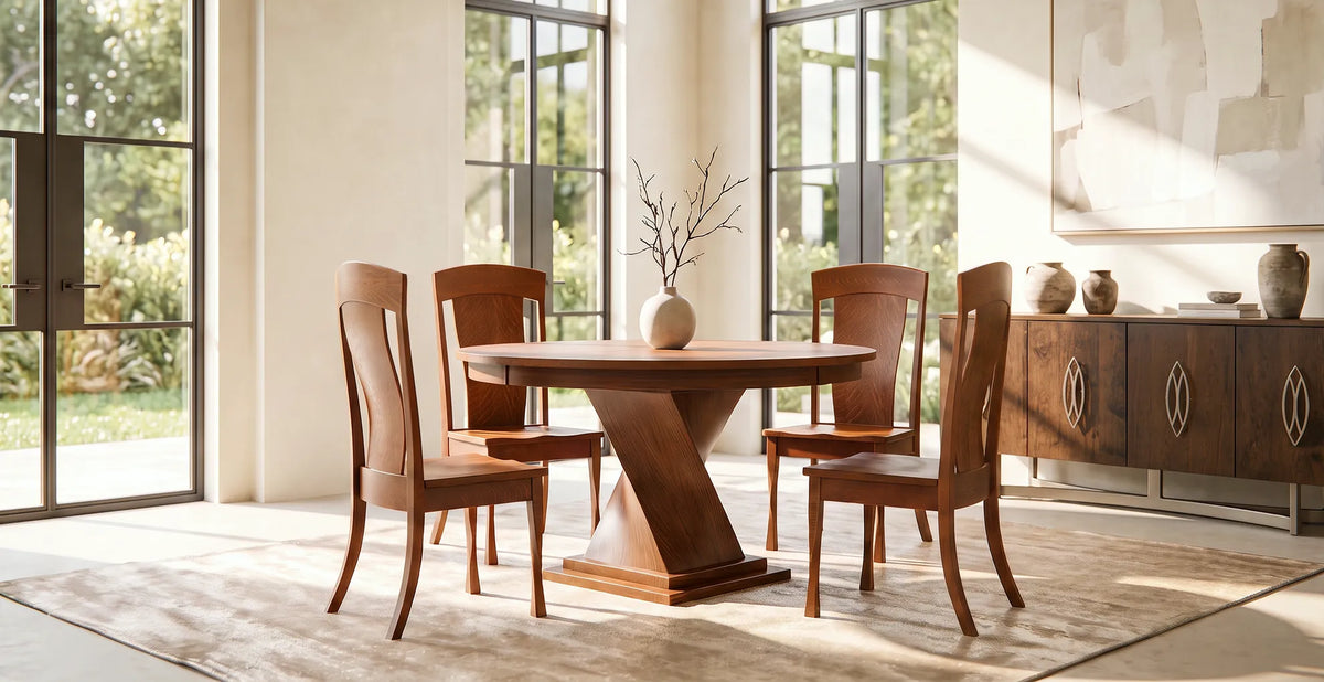 Lexington round pedestal dining table in a warm wood finish with a sculptural geometric base, paired with four matching wooden chairs in a sunlit contemporary dining room.