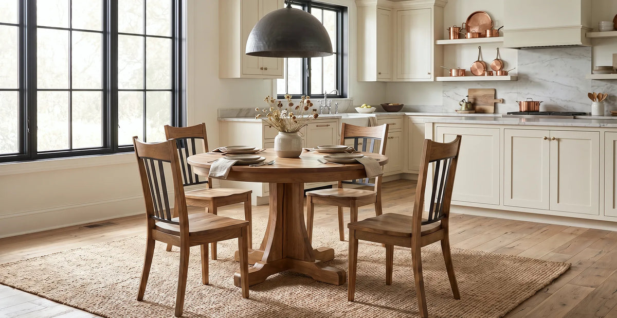 Amish Ridgewood Round Pedestal Dining Table paired with Waverton dining chairs in a warm wood finish, styled in a bright farmhouse kitchen with white cabinetry, black accents, and natural light.