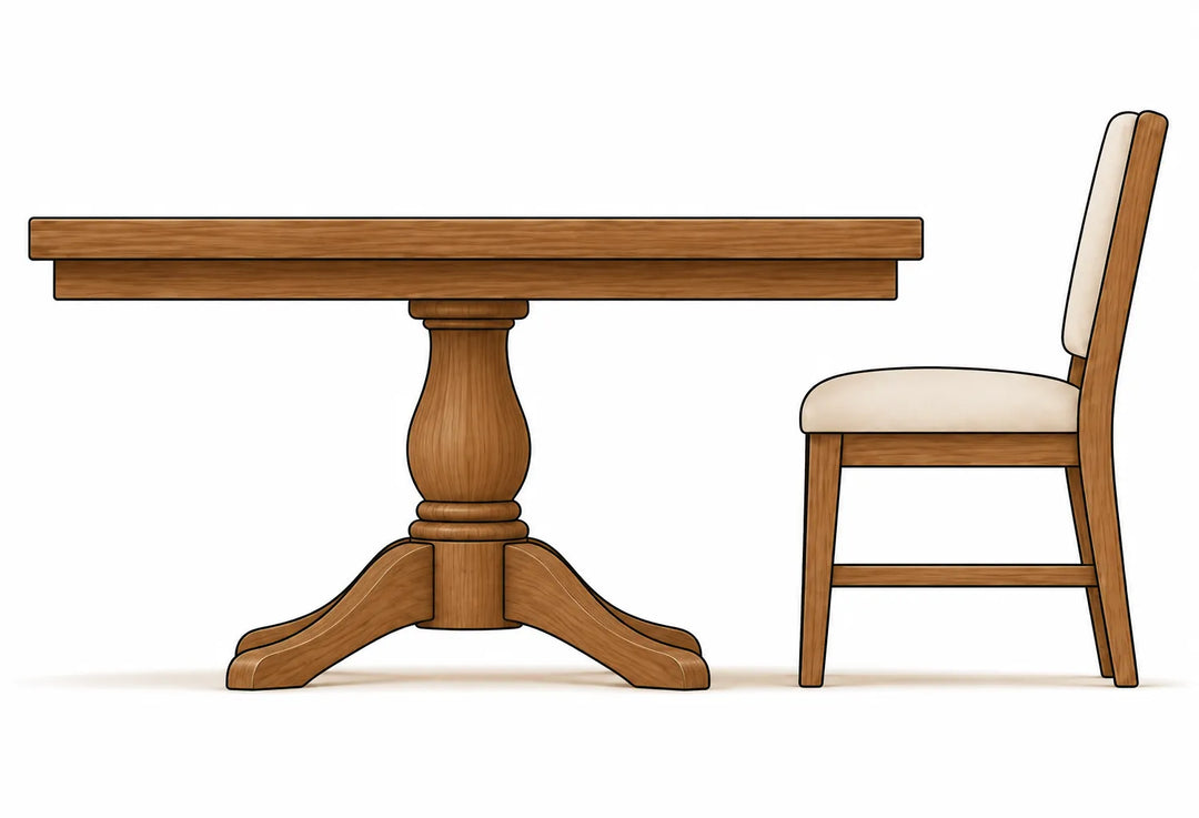 Illustration of a single pedestal dining table with a central wooden base and upholstered chair, highlighting open legroom and flexible seating.