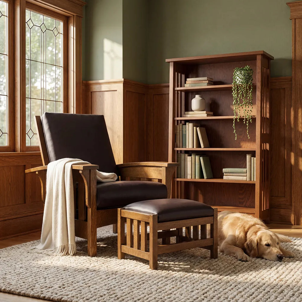 A wooden armchair with dark upholstered seating and a matching ottoman in a warm, wood-paneled room. A dog lies on a textured rug nearby, and a bookshelf and window are visible in the background.