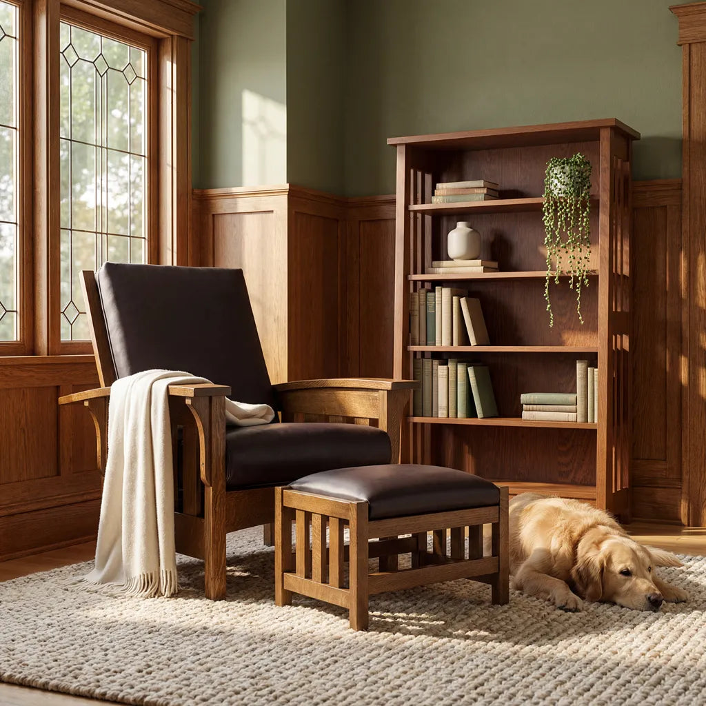 A wooden armchair with dark upholstered seating and a matching ottoman in a warm, wood-paneled room. A dog lies on a textured rug nearby, and a bookshelf and window are visible in the background.