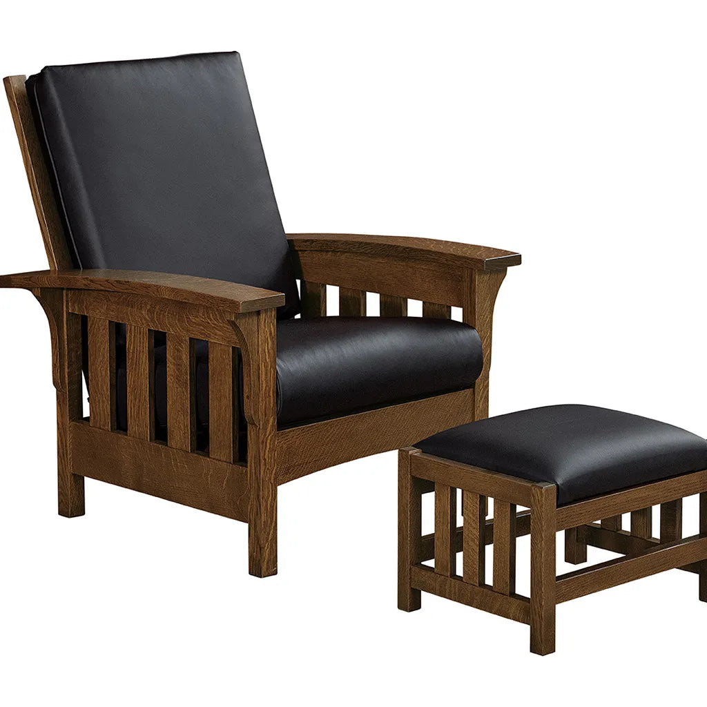 A wooden armchair with a matching ottoman, both featuring black cushioned seats and backrests, shown on a plain white background.